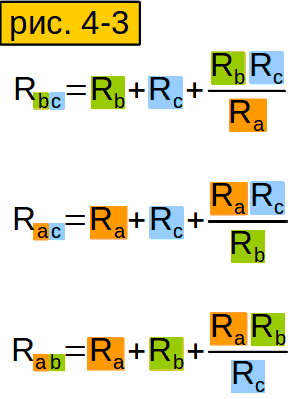 рисунок: формулы сопротивлений сторон треугольника через сопротивления эквивалентной звезды