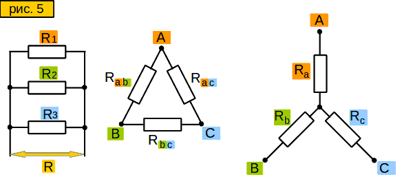 рисунок: параллельное соединение, звезда и треугольник